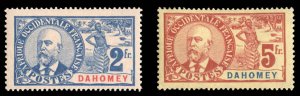 French Colonies, Dahomey #30-31 Cat$205, 1906 2fr and 5 fr, hinge remnants