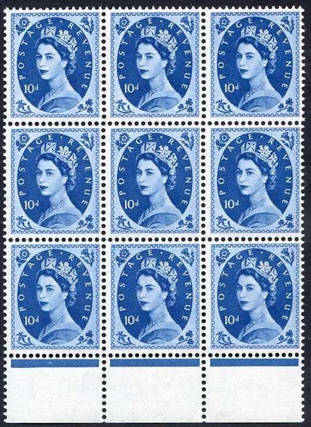 SG527 10d Prussian Blue Wmk Tudor U/M Marginal Block 9