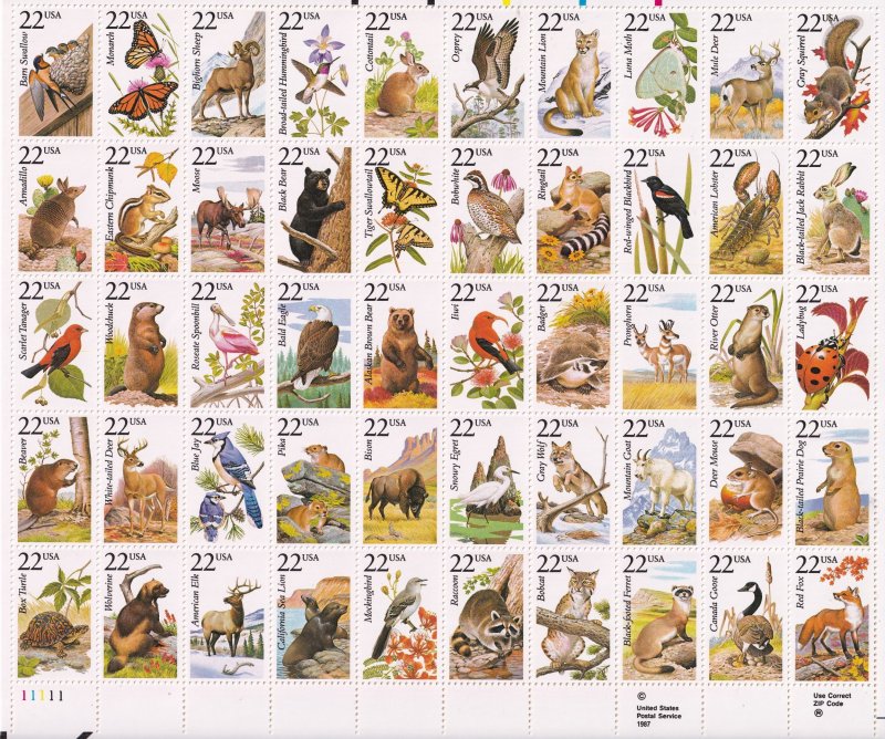 Sc# 2286 / 2335 U.S 22¢ North America Wildlife 1987 sheet of 50 MNH CV $50.00
