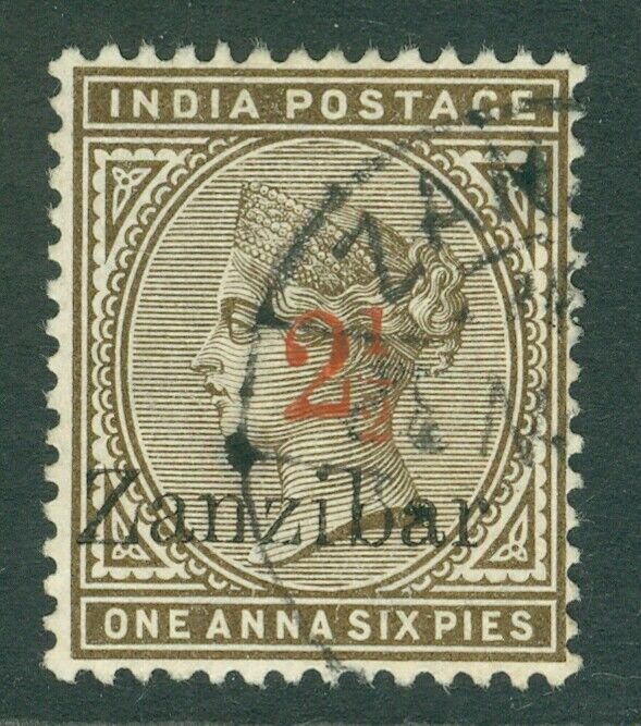 SG 29 Zanzibar 1895-96. 2½ on 1a6p sepia. Very fine used CAT £190