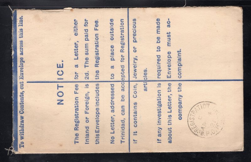 Trinidad 1921 Tunapuna to England 2p blue Registered Letter uprated 1p Britannia