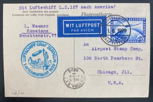 1929 Germany Graf Zeppelin LZ 127 Flight Postcard Cover to Chicago IL USA