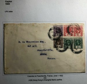 1922 Colombo Ceylon Hong Kong Shanghai Bank Cover To Francheville France