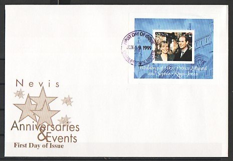 Nevis, Scott cat. 1155. Wedding of Prince Edward s/sheet. First day cover. ^