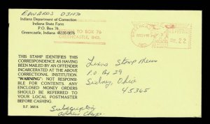 INDIANA prison mail, meter postage, 1985 (3595)