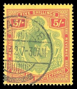 Nyasaland 1938 KGVI 5s pale green & red/yellow (CH) VFU. SG 141. Sc 65.