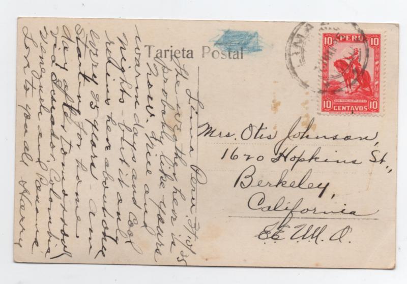 Peru Scott# 319 used on post card to U.S.A.