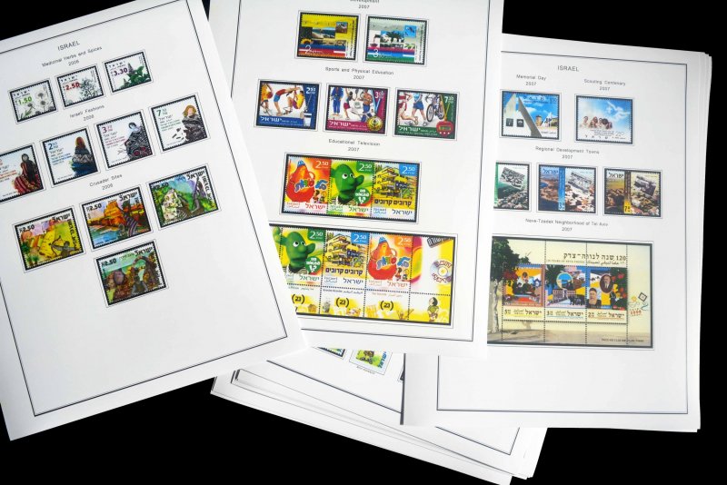 COLOR PRINTED ISRAEL 2000-2010 STAMP ALBUM PAGES (68 illustrated pages)