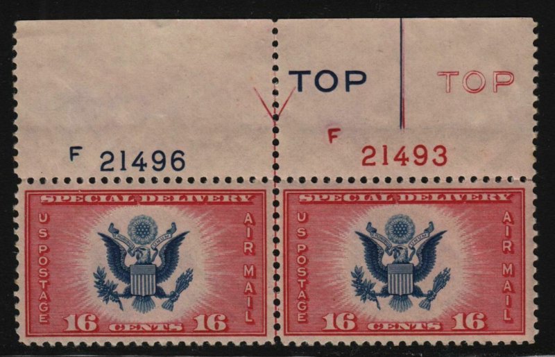 1936 Air Mail Special Delivery Sc CE2 pair MNH XF Type 1 plate block value $9 (G