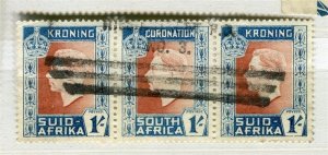 SOUTH AFRICA; 1937 early GVI Coronation issue used POSTMARK Strip 1s. value