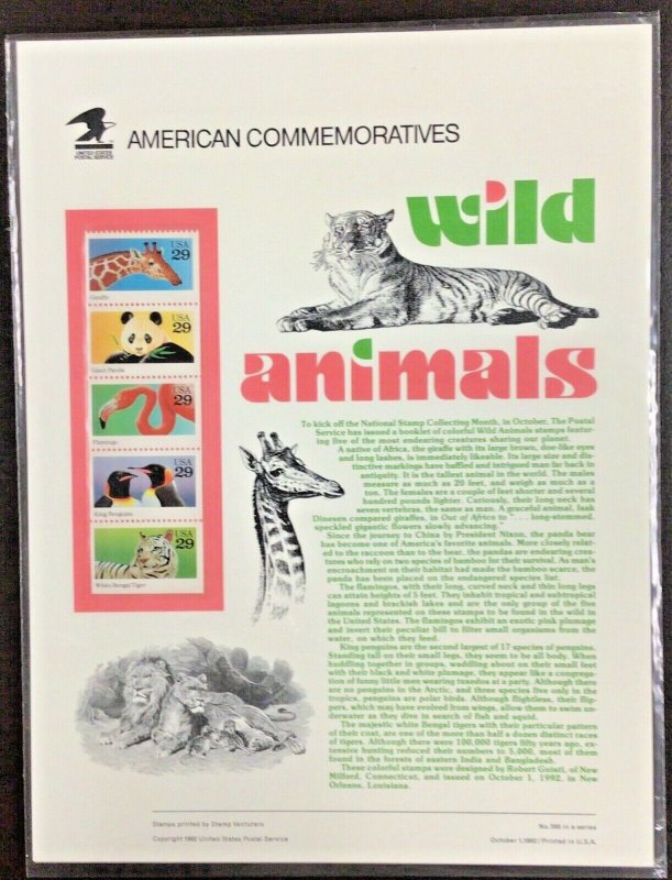 Commemorative Panel #395   Wild Animals #2709A    29 c  1992 