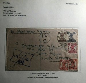 1945 Calcutta India Censored Airmail Cover To Capetown South Africa