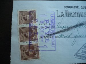 Canada - Revenue - KGVI War Issue Stamps on cheque dated 1944