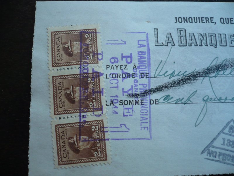 Canada - Revenue - KGVI War Issue Stamps on cheque dated 1944