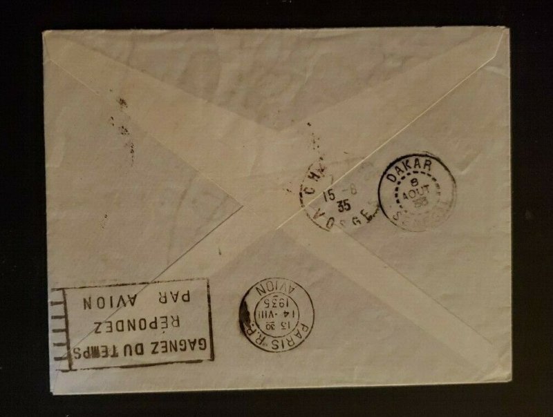 1935 Kala French Sudan to Bralleville France Plane Cachet Back Airmail Cover