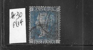 GREAT BRITAIN SCOTT #30 PLATE 14 1858-59 (BLUE) - WMK 20  - USED