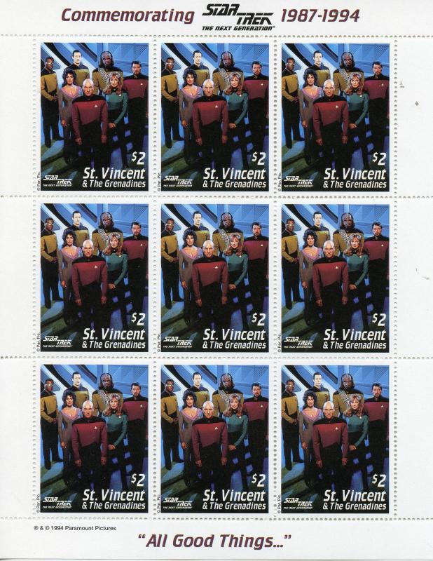 Star Trek Stamps St Vincent & Grenadines 1994 MNH Next Generation 9v M/S II