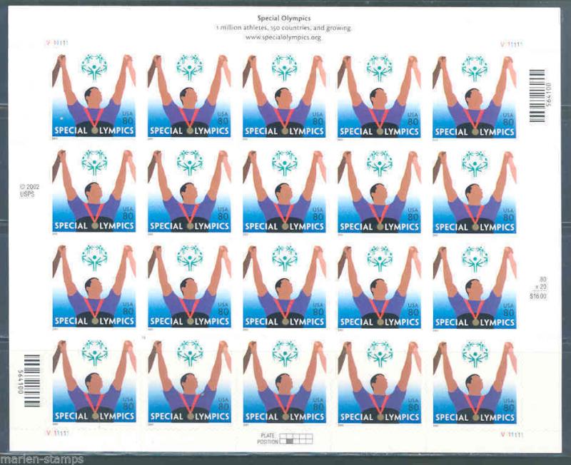 UNITED STATES SCOTT#3772 SPECIAL OLYMPICS SHEET OF TWENTY MINT NH