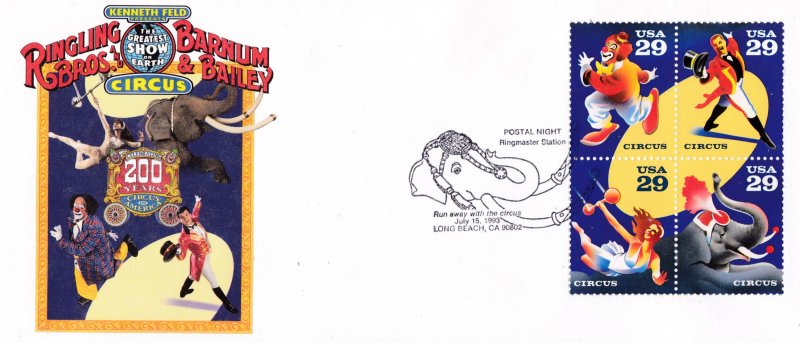 U.S. 1993 Circus Issue on Color cachet Cover cancel shows Elephant Scott 2750-53