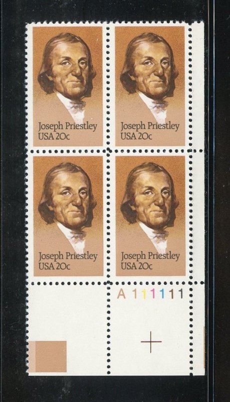 SCOTT  2038  JOSEPH PRIESTLEY  20¢  PLATE BLOCK  MNH  SHERWOOD STAMP