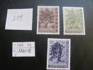 LIECHTENSTEIN 1958 MNH  SC 326-328 SET  XF  $19 (214) NEW COLL.