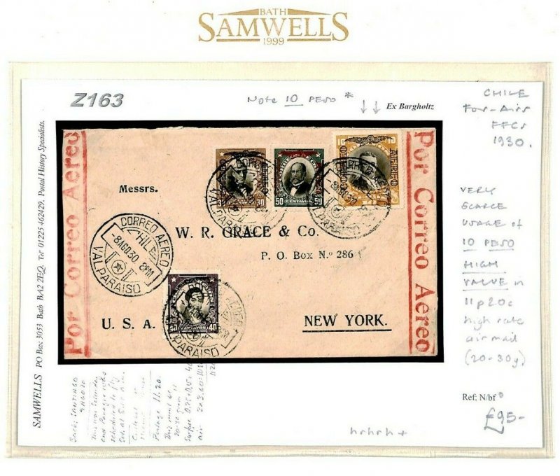 CHILE 10p HIGH VALUE Cover 1930 Foreign Air Mail Flight New York {samwells}Z163