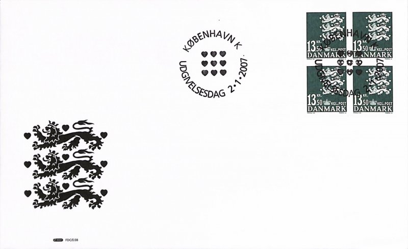 Denmark Danmark Scott 1305 FDC block of 4  Coat of arms C/V $20.00