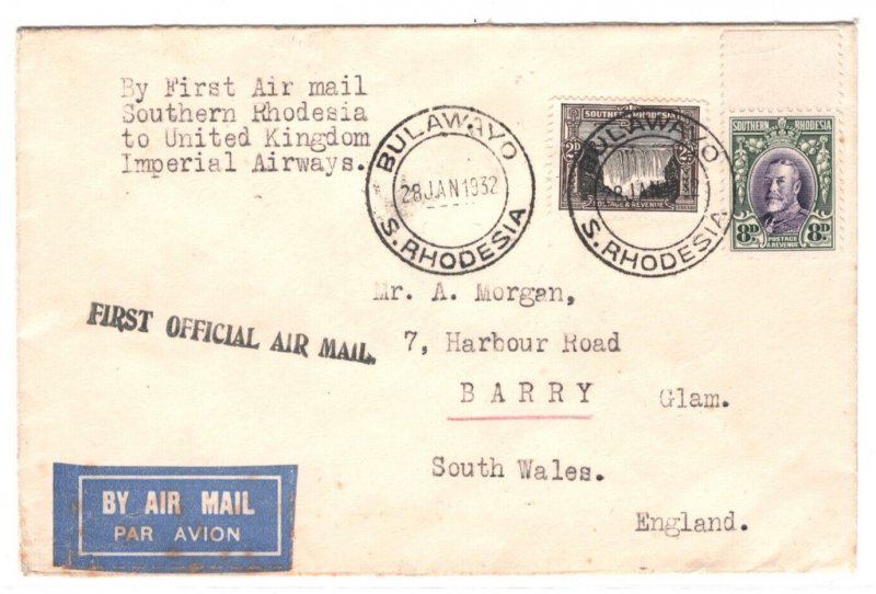 SOUTHERN RHODESIA Air Mail KGV 8d (Perf 11½) Cover FIRST FLIGHT 1932 Wales MA447