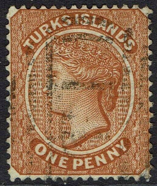 TURKS ISLANDS 1882 QV 1D BROWN WMK CROWN CA REVERSED USED 