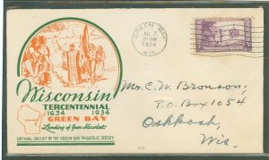 US 739 1934 3ct Wisconsin territory tercentennial (single) on an addressed first day cover, with a cachet by the Green Bay Phila