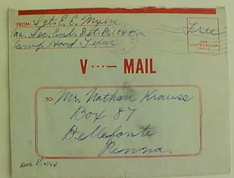 USA  V MAIL 1944 FT HOOD TO BELLEFONTE