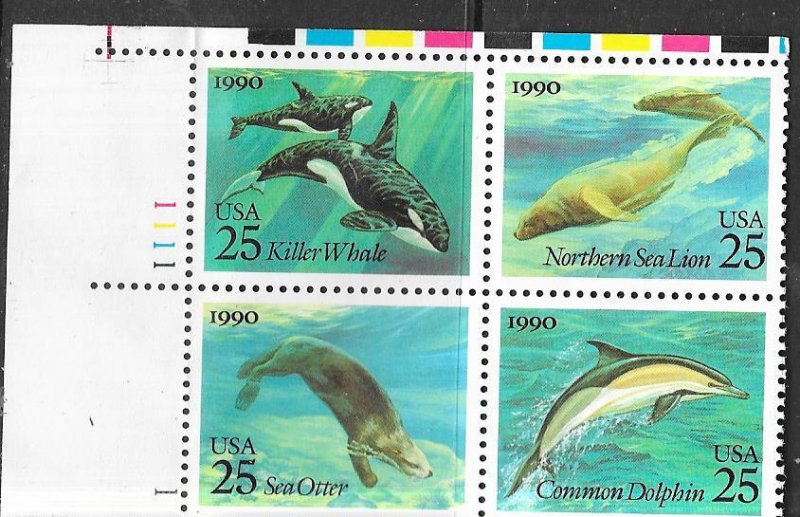 US #2508-11 $0.25 Sea Creatures Plate Block of 4 (MNH) CV $3.00