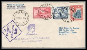 Figi 1941 CENSORED COVER First Transpacific Airmail Suva to Noumea