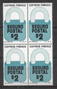 MEXICO 1976 1981 INSURED LETTER STAMP 2P BLOCK OF 4 SCOTT G26A MICHEL PZ27 MNH