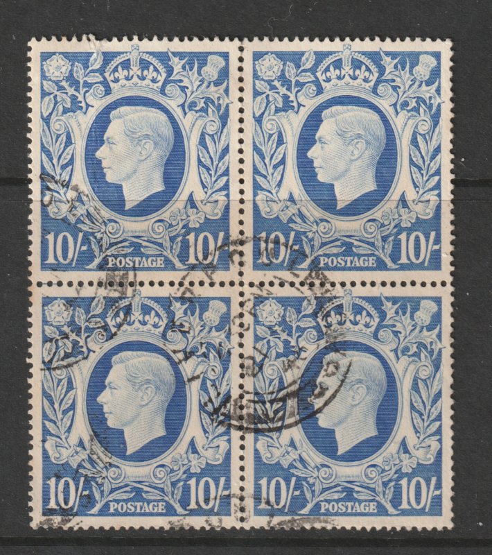 Great Britain a good? used block of 4 of the 1939 10/- light blue