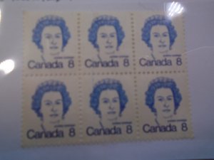 Canada  #  593 var Blue vertical line  on 2 middle stamps of block of 6  MNH