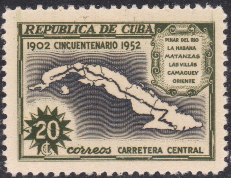 1952 Cuba Stamps Sc 479 Map,Central Highway  MNH