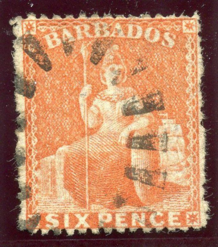 Barbados 1873 QV 6d orange-vermilion very fine used. SG 60. Sc 41.