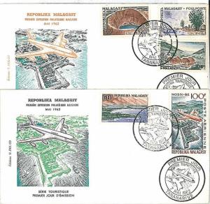 AIRPLANES: FDC COVER set of 2 : MADAGASCAR 1962 - CRATER/ LAKE