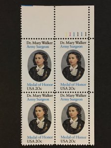 Scott # 2013 20-cent Dr. Mary Walker, MNH Plate Block of 4