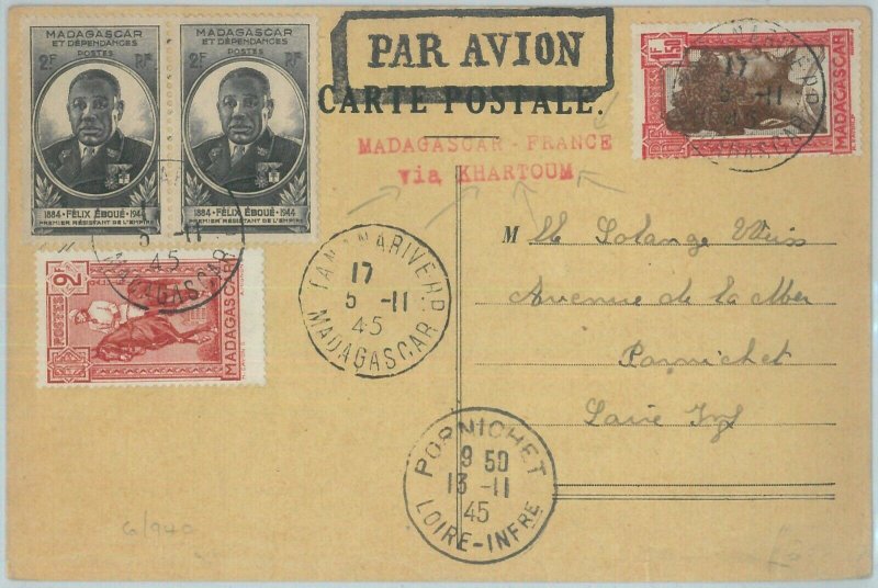 81138 - MADAGASCAR - POSTAL HISTORY - CARD to FRANCE via KHARTOUM  1945