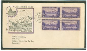 US 800 1937 3c Alaska (part of the US Possession series) block of four on an addressed/typed to Canada.