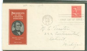 US 822 1938 17c Andrew Johnson (part of the Presidential/Prexy series) on an addressed FDC with a Harry Ioor cachet