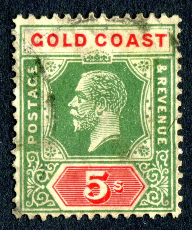 Gold Coast 1913 KGV. 5s green & red/pale yellow. Die II. Used. MC CA. SG82f.