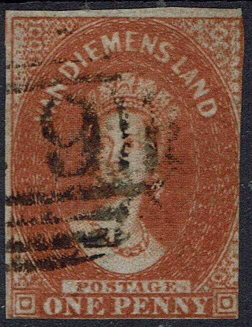 TASMANIA 1856 QV CHALON 1D NO WMK PELURE PAPER WITH CERTIFICATE USED