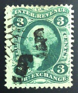 Scott #R16d - 3c Green - Foreign Exchange - Cut Cancel - 1862-71