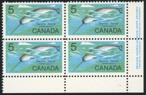 CANADA Sc 480 VF/MNH PLATE BLOCK - 1968 5¢ - Narwhal