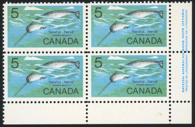 CANADA Sc 480 VF/MNH PLATE BLOCK - 1968 5¢ - Narwhal