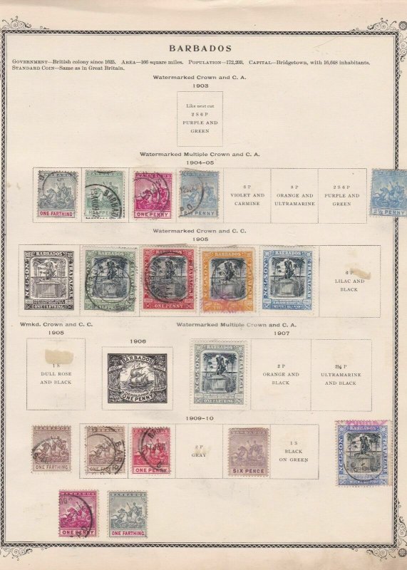 barbados 1904 - 1910 mounted mint and used stamps on old album page ref r9012