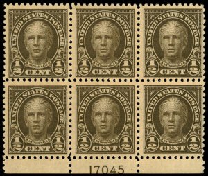 US Sc 551 MLH PLATE BLOCK of 6 -1925 ½¢ -Nathan Hale -Pf 11, Flat Press-See Desc